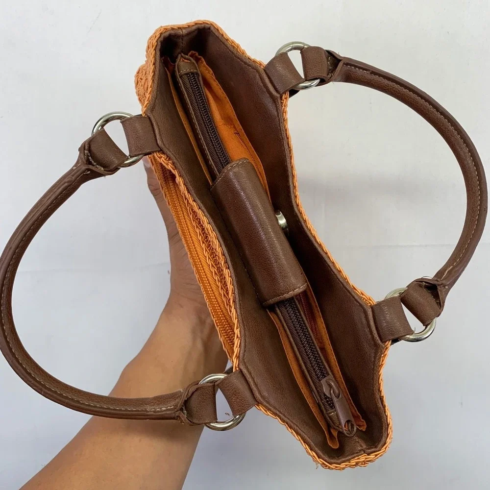 Rosetti Orange Woven Satchel Bag Purse Brown Faux Leather‎ Handle Small